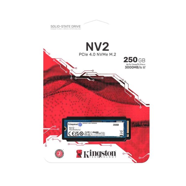 Unidad SSD Kingston NV2, PCIe 4.0, NVMe M.2, 250GB, Lectura 3.000MB/s, Escritura 1.300MB/s